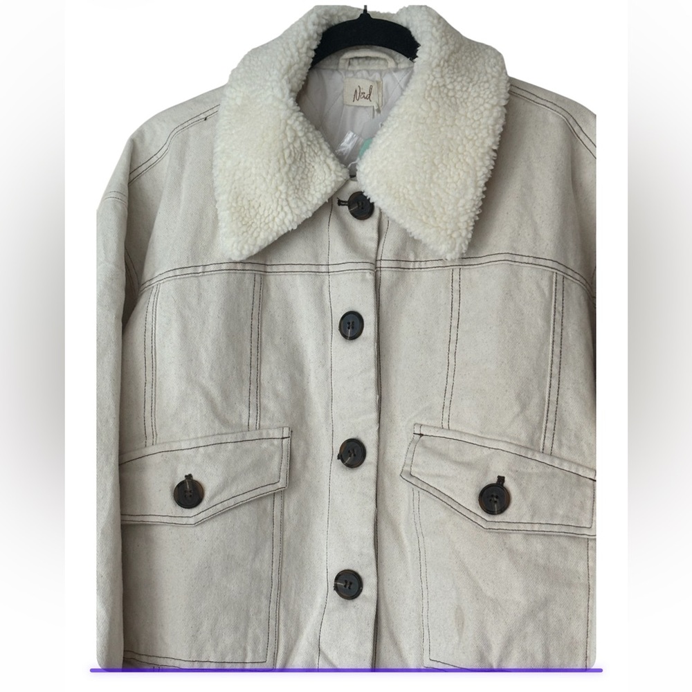 NWT NKN Nekane Denim Crop Jacket Ivory Sheepskin Faux Fur Collar M/L Lagenlook
